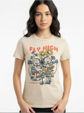 Eighty Eight White Tee with Coral, Blue & Yellow 'Fly High' Graphic